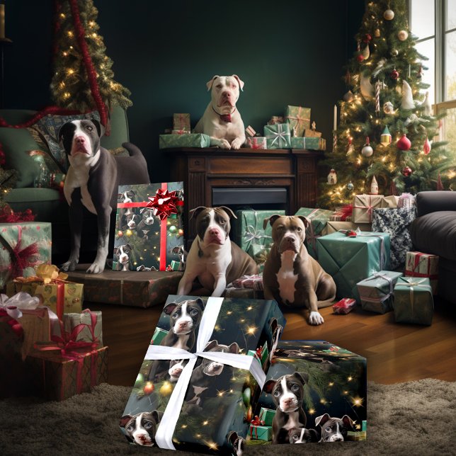 Christmas Black and White Pitbull Pups Wrapping Paper (Creator Uploaded)