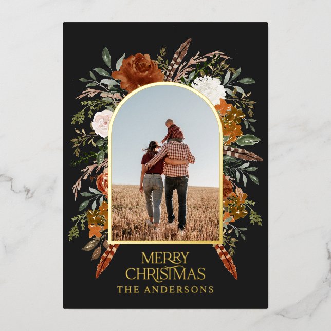 Christmas black arch floral photo elegant rustic foil holiday card (Front)