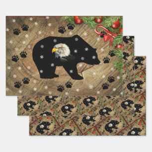 Christmas Black Bear Bald Eagle Wilderness  Wrapping Paper Sheet