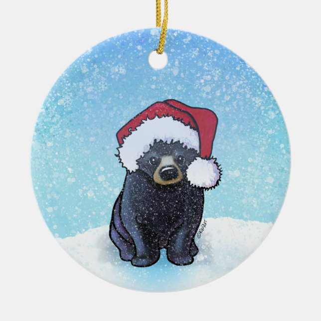 Christmas Black Bear Cub Ceramic Ornament (Front)