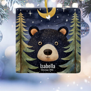 Christmas Black Bear  Night Moon Forrest Ceramic Ornament