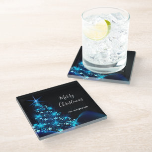Christmas black blue modern shining tree name glass coaster