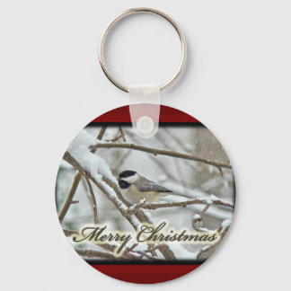 Christmas Black Capped Chickadee in Snow Key Ring