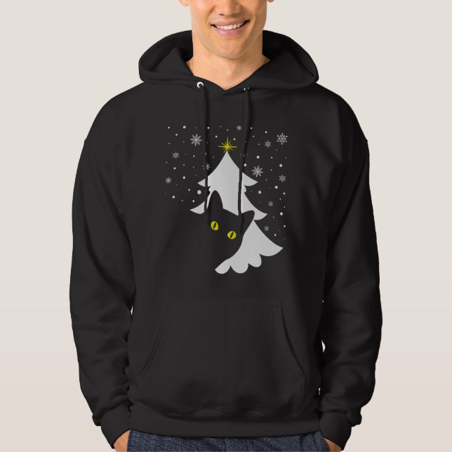 Christmas Black Cat Christmas Tree snow and stars  Hoodie (Front)