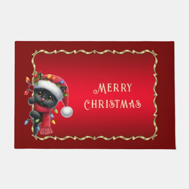 Christmas Black Cat Holiday Doormat (Front)