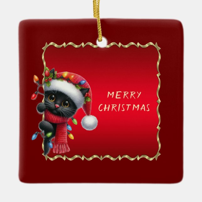 Christmas Black Cat Holiday Ornament (Front)