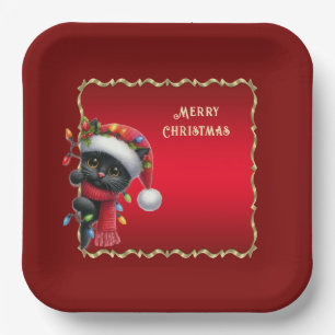 Christmas Black Cat Holiday Paper Plate