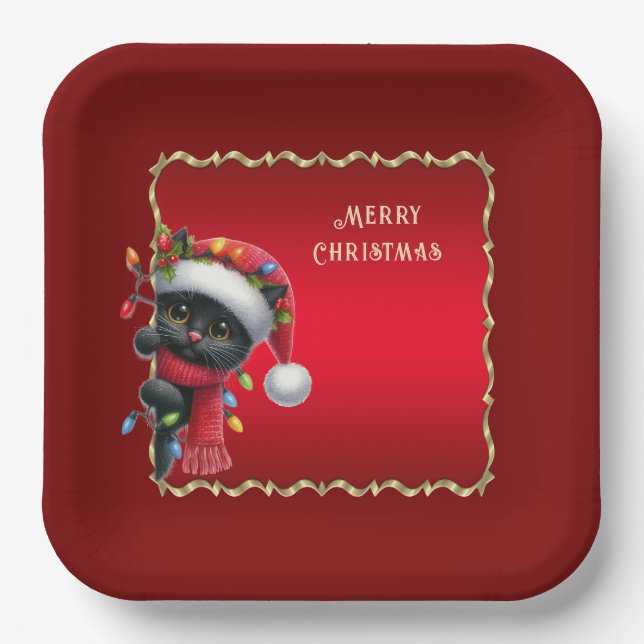 Christmas Black Cat Holiday Paper Plate (Front)