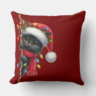Christmas Black Cat Holiday Throw Pillow