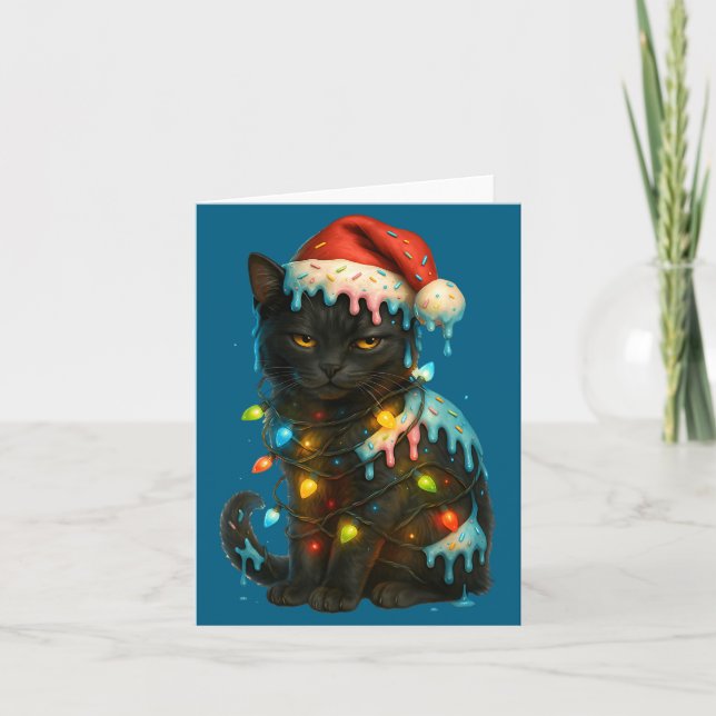 Christmas Black Cat Ice Cream Drip Santa Hat Cute  Card (Front)