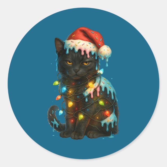 Christmas Black Cat Ice Cream Drip Santa Hat Cute  Classic Round Sticker (Front)