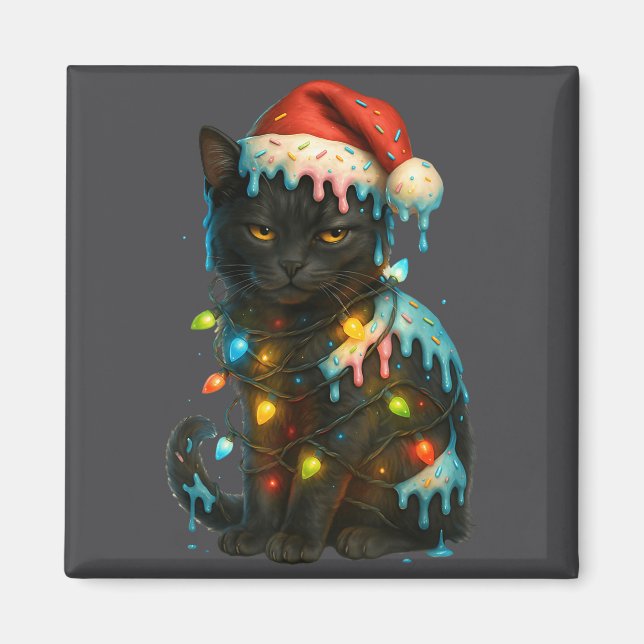 Christmas Black Cat Ice Cream Drip Santa Hat Cute  Magnet (Front)