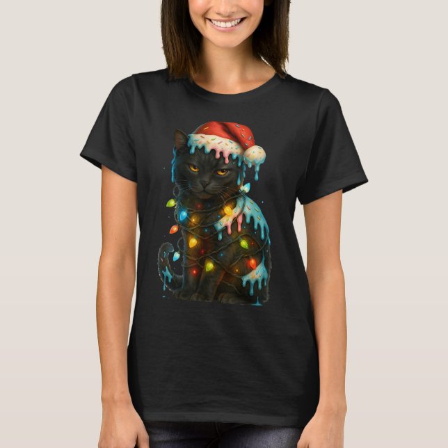 Christmas Black Cat Ice Cream Drip Santa Hat Cute  T-Shirt (Front)