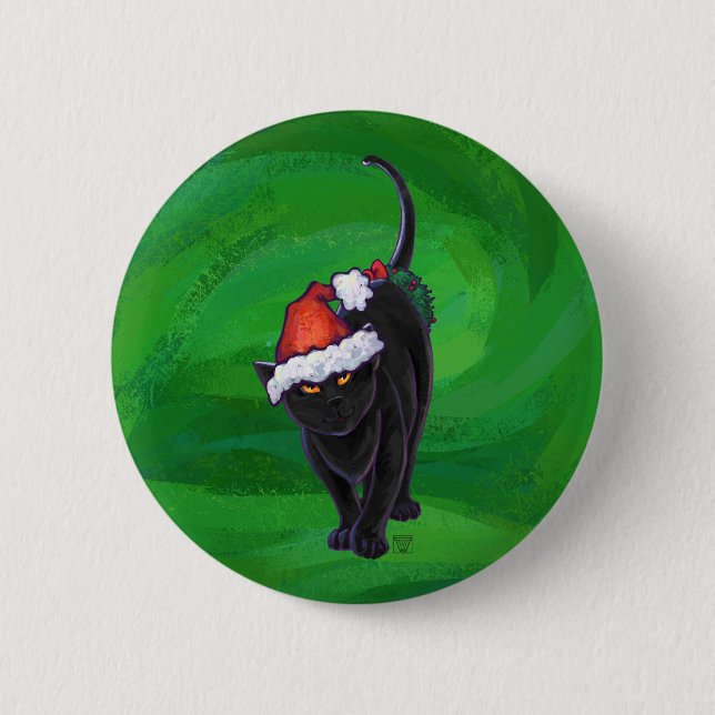 Christmas Black Cat on Green 6 Cm Round Badge (Front)