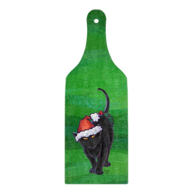 Christmas Black Cat on Green Cutting Board (Front)