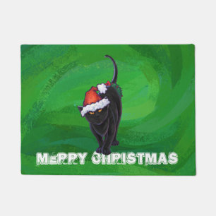 Christmas Black Cat on Green Doormat