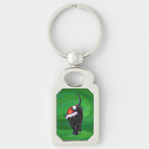 Christmas Black Cat on Green Key Ring