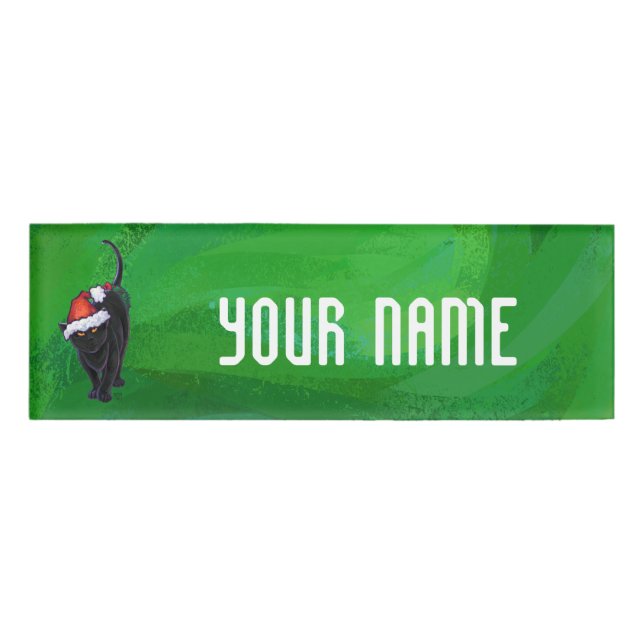 Christmas Black Cat on Green Name Tag (Front)