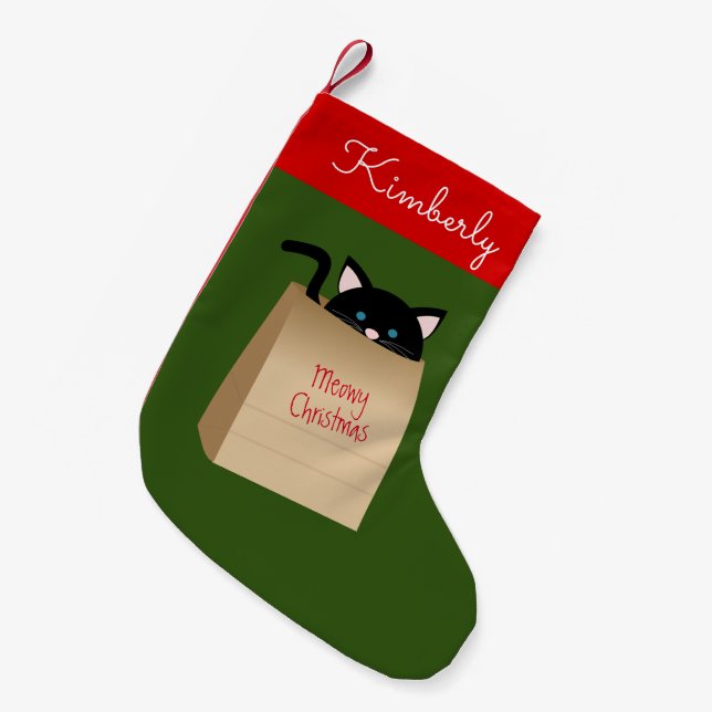 Christmas Black Cat Out Of The Bag Small Christmas Stocking (Front (Hanging))