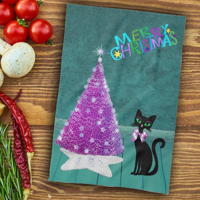 Christmas Black Cat Pink Silver Tree Teal Room Tea Towel (Pink silver Christmas tree black cat in teal coloured room on Merry Chrismtas kitchen towel.)