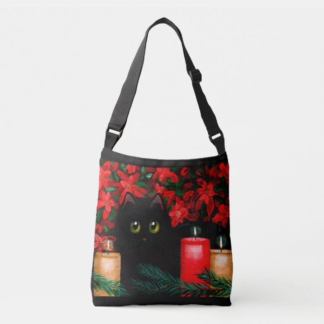 Christmas Black Cat Poinsettias Candles Crossbody Bag (Front)