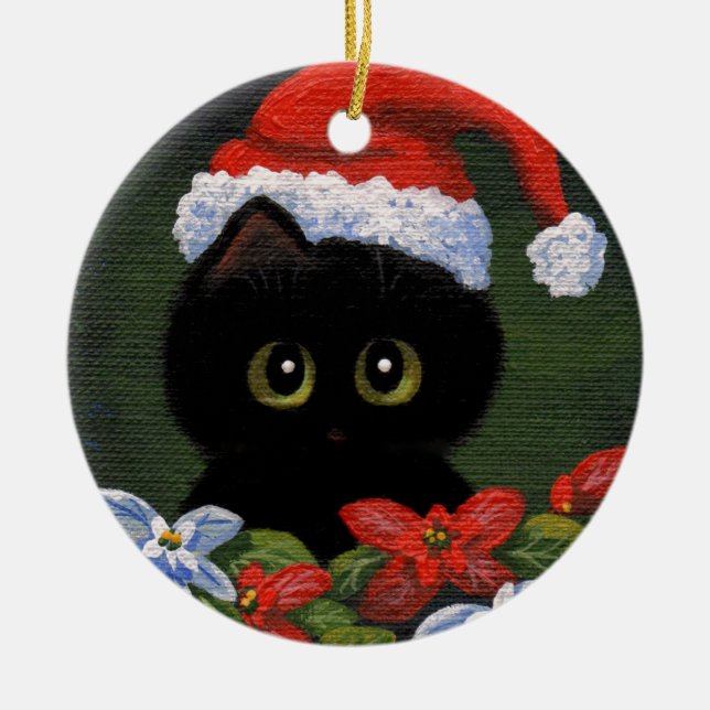 Christmas Black Cat Santa Claus Funny Creationarts Ceramic Ornament (Front)