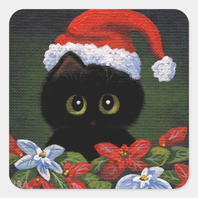 Christmas Black Cat Santa Claus Funny Creationarts Square Sticker (Front)