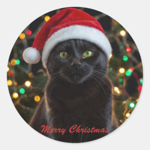 Christmas Black Cat - Santa Hat Personalised photo Classic Round Sticker