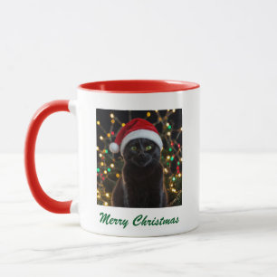 Christmas Black Cat - Santa Hat Personalised photo Mug