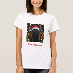Christmas Black Cat - Santa Hat Personalised photo T-Shirt