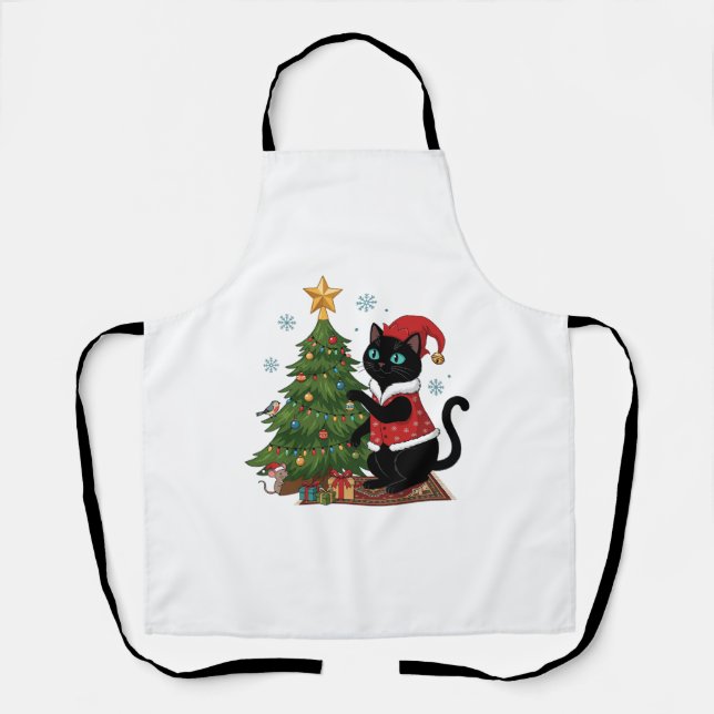 Christmas Black Cat Santa Hat Tree Mouse Apron (Front)