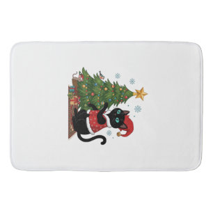 Christmas Black Cat Santa Hat Tree Mouse Bath Mat