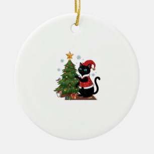 Christmas Black Cat Santa Hat Tree Mouse Ceramic Ornament