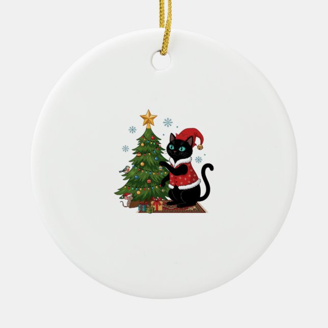 Christmas Black Cat Santa Hat Tree Mouse Ceramic Ornament (Front)