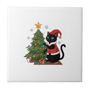 Christmas Black Cat Santa Hat Tree Mouse Ceramic Tile