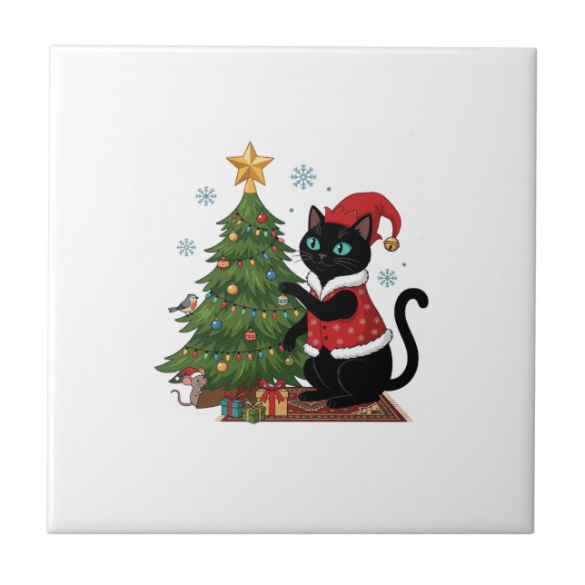 Christmas Black Cat Santa Hat Tree Mouse Ceramic Tile (Front)
