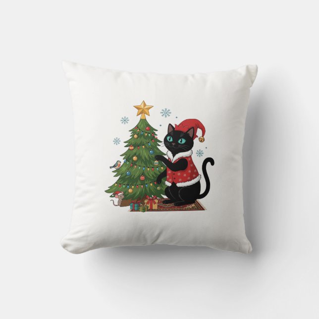 Christmas Black Cat Santa Hat Tree Mouse Cushion (Front)