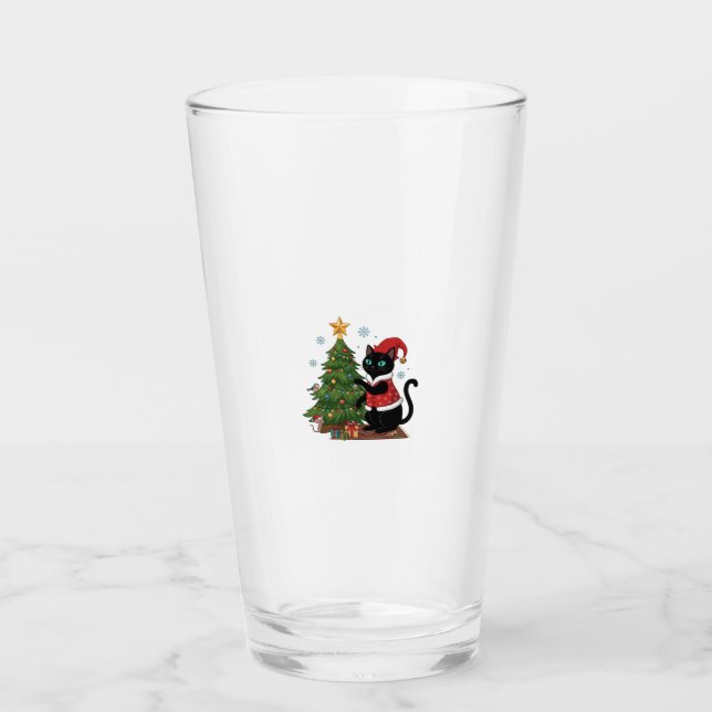 Christmas Black Cat Santa Hat Tree Mouse Glass (Front)