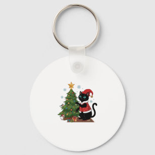 Christmas Black Cat Santa Hat Tree Mouse Key Ring