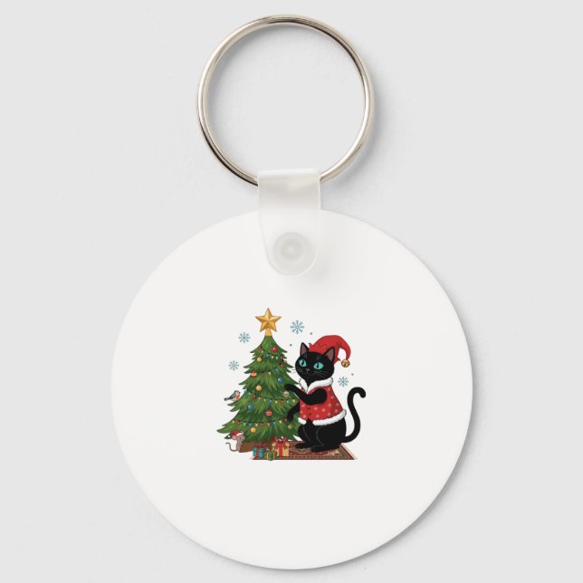 Christmas Black Cat Santa Hat Tree Mouse Key Ring (Front)