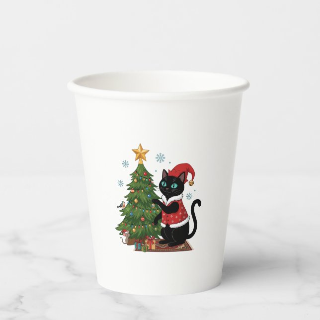 Christmas Black Cat Santa Hat Tree Mouse Paper Cups (Front)