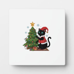 Christmas Black Cat Santa Hat Tree Mouse Plaque
