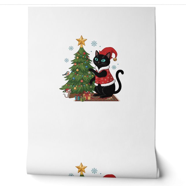 Christmas Black Cat Santa Hat Tree Mouse Wallpaper (Unrolling)