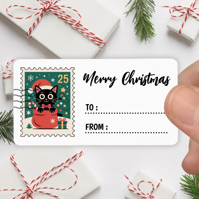 Christmas Black Cat Stamp Sticker Label (Creator Uploaded)