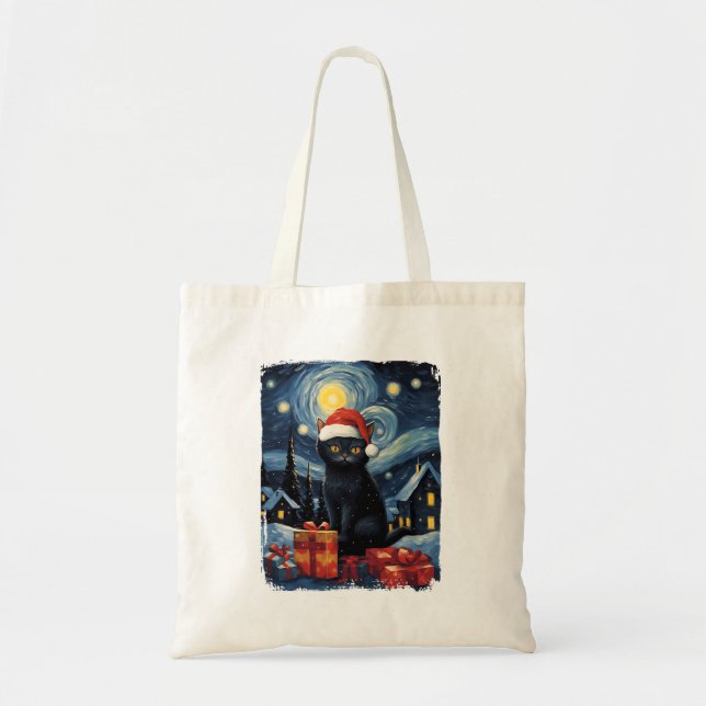 Christmas Black Cat Starry Night Van Gogh Retro Ca Tote Bag (Front)