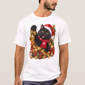 Christmas Black Cat With Golden Ornaments T-Shirt