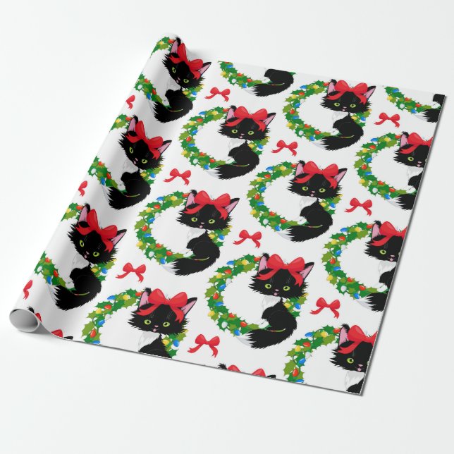 Christmas Black Cat With Red Bow Wrapping Paper (Unrolled)