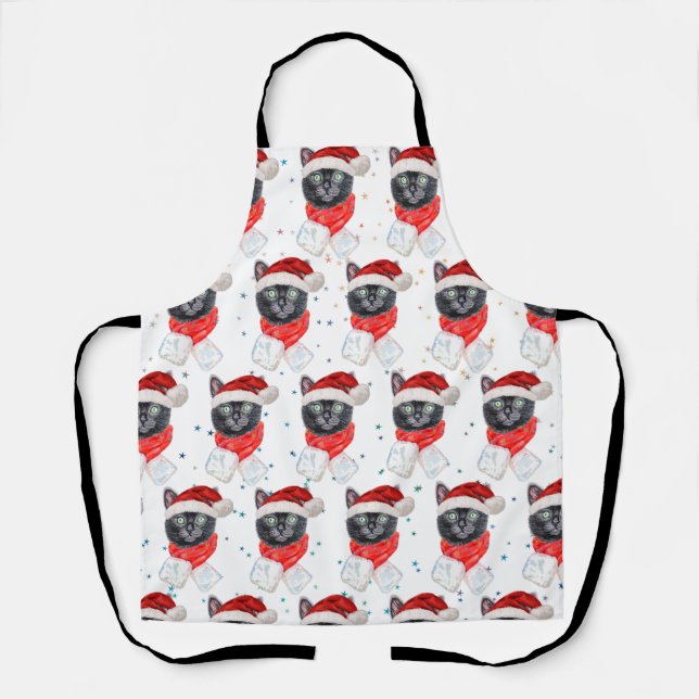 Christmas Black Cat with Red Scarf Apron (Front)