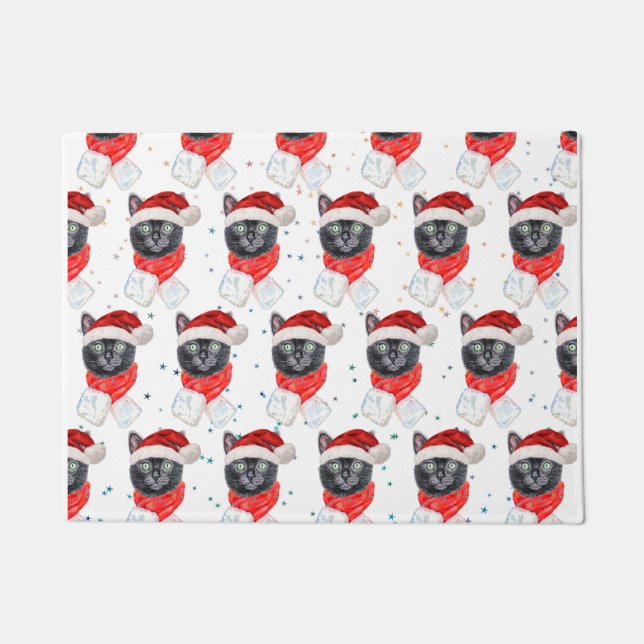 Christmas Black Cat with Red Scarf Doormat (Front)