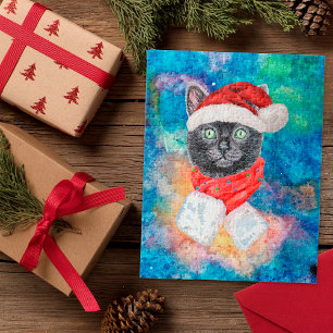 Christmas Black Cat with Red Scarf Holiday Jigsaw Puzzle